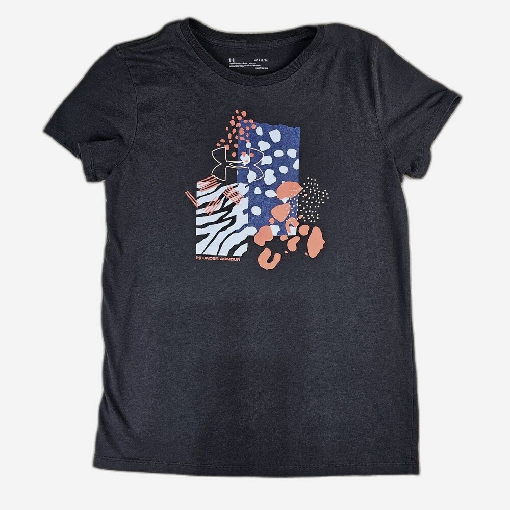 Under Armour HeatGear Tee Womens Medium Black Graphic Athletic Workout Top